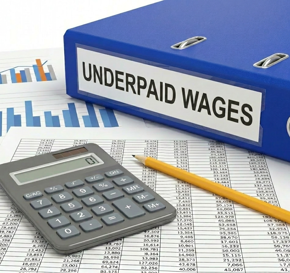 "underpaid wages" written on a blue folder